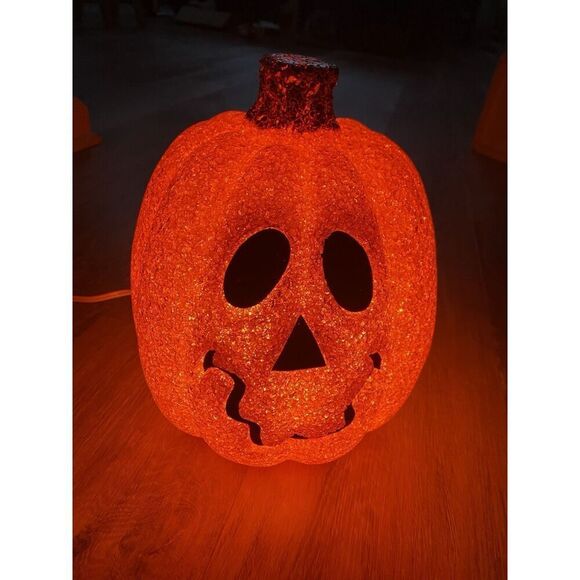 Melted Plastic Popcorn Pumpkin Jack O' Lantern Orange Halloween with Cord/Light - Picture 1 of 9